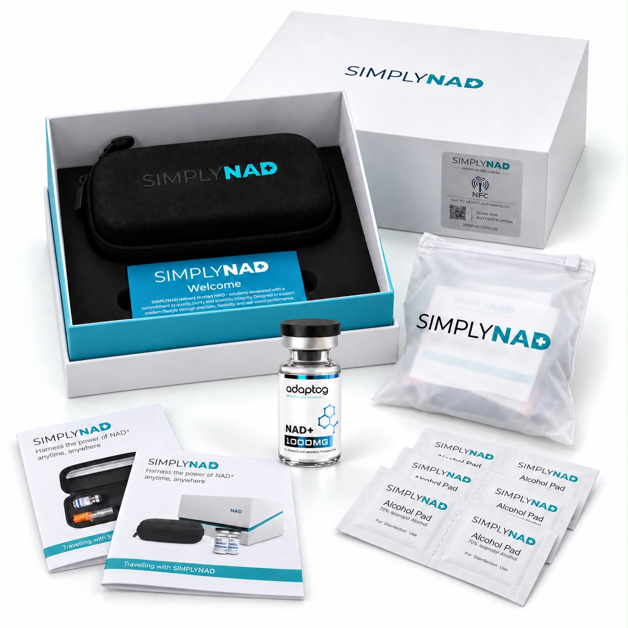 Simply NAD+ 1,000mg starter kit presentation with one 1,000mg vial