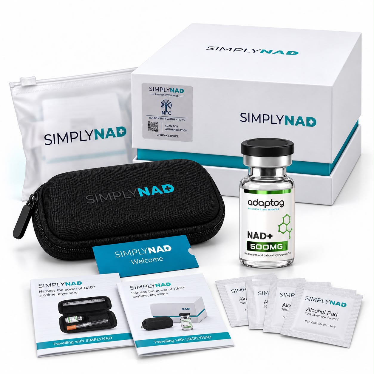 Simply NAD+ 500mg starter kit presentation with one 500mg vial