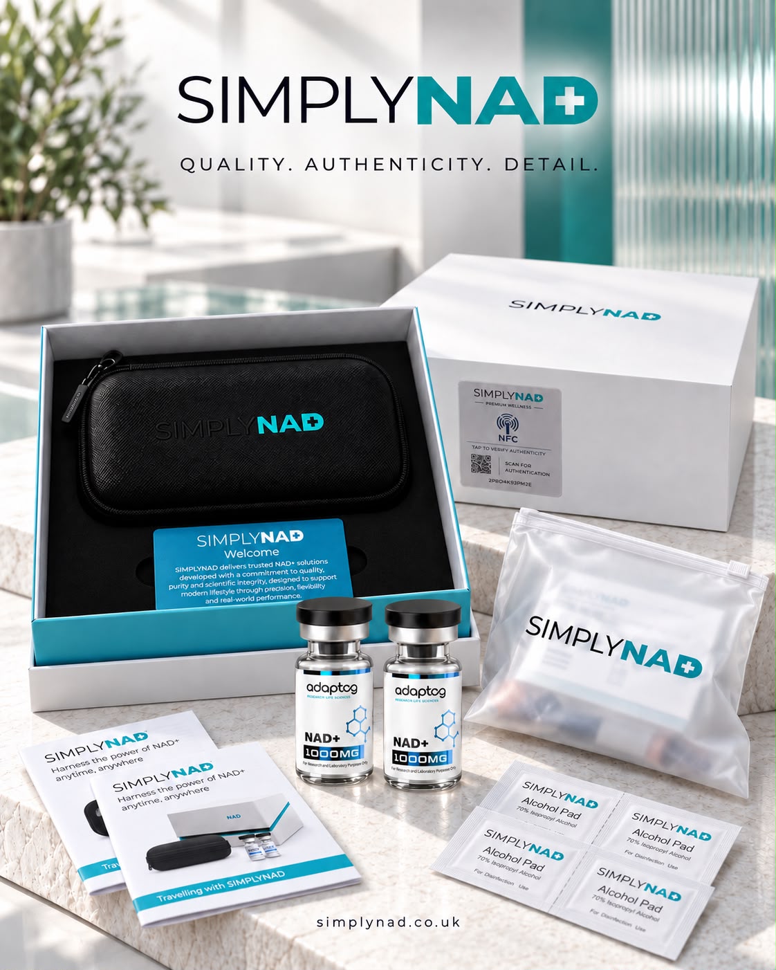 Simply NAD+ starter kit presentation with two 1,000mg NAD+ vials, 2,000mg total